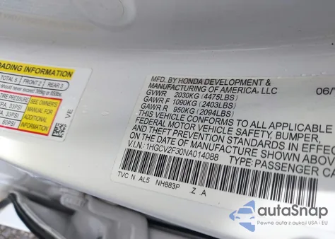 2022 Honda Accord Sport 2.0T z USA, uszkodzony, nr VIN 1HGCV2F30NA014088